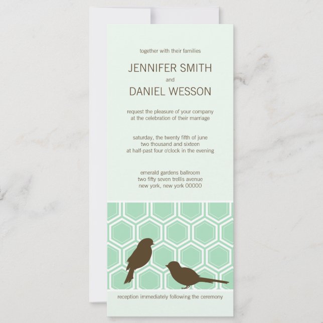 Invitation Motif Honeypeb En Vert Menthe Avec Inséparables (Devant)