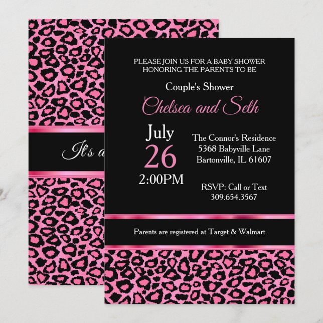Invitation Motif léopard rose| Rose | 🤰 de douche pour bébé  (Devant / Derrière)