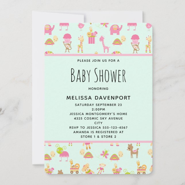 Invitation Motif mignon avec Baby shower d'animaux de pépiniè (Devant)
