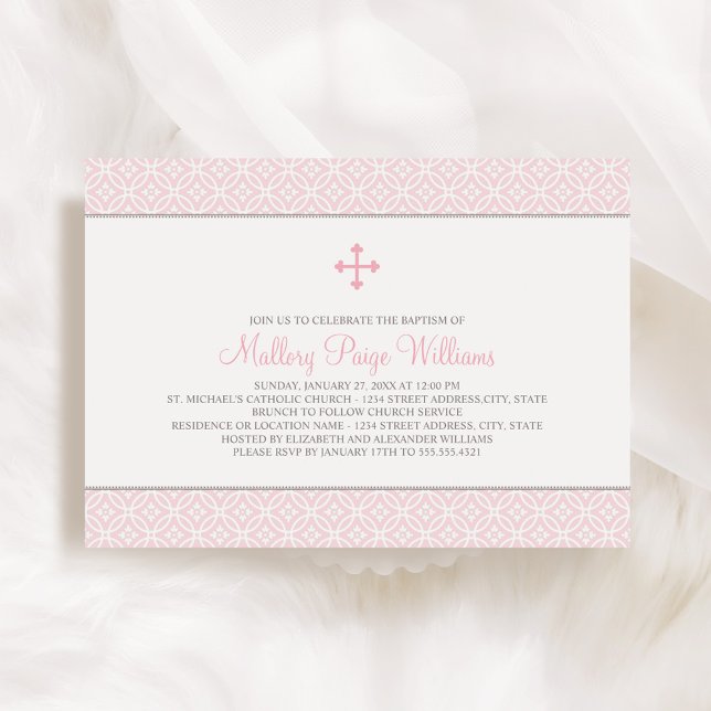 Invitation Motif moderne Croix rose Baby Girl Baptism (Créateur téléchargé)