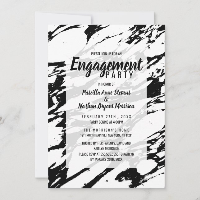 Invitation Motif moderne noir et Marbre blanc (Devant)