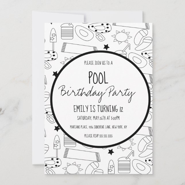 Invitation Motif noir blanc de fête autour de la piscine (Devant)