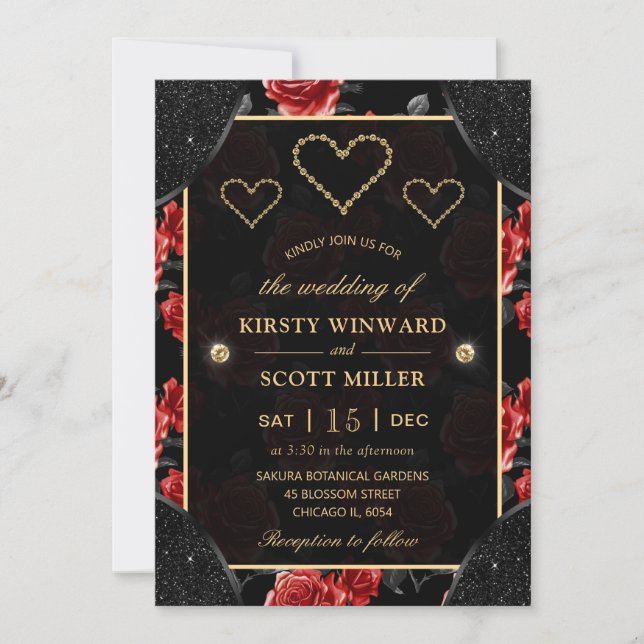 Invitation Motif noir et rouge rose et Mariage de diamants or (Devant)