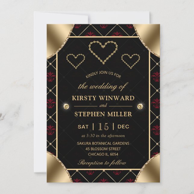 Invitation Motif noir et rouge rose et Mariage de diamants or (Devant)