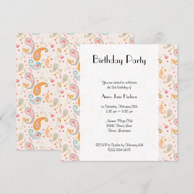 Invitation Motif Paisley, Persian Paisley, Les Deux, Annivers (Devant / Derrière)
