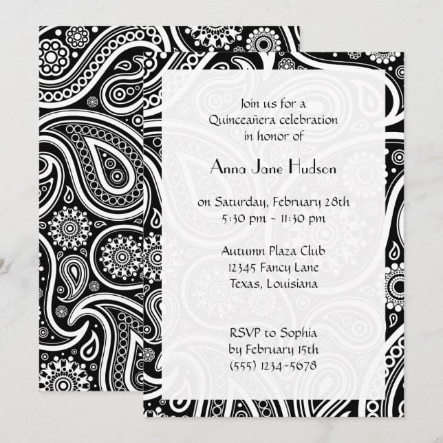 Invitation Motif Paisley, Persian Paisley, Quinceanera (Devant / Derrière)