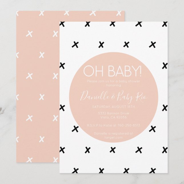 Invitation Motif rose blanc X de noir moderne du baby shower (Devant / Derrière)