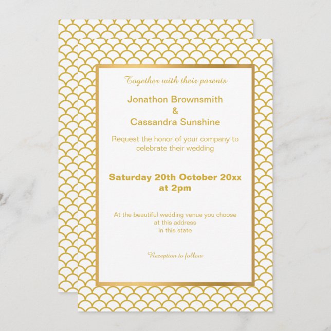 INVITATION MOTIF SIMPLE ET ÉLÉGANT OR BLANC MARMAID ÉCHELLE (Devant / Derrière)