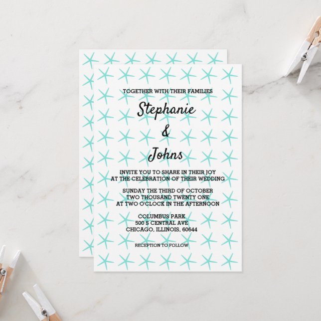 Invitation Motif Starfish Turquoise Bleu Nautique Plage Maria (Devant/Arrière en situation)
