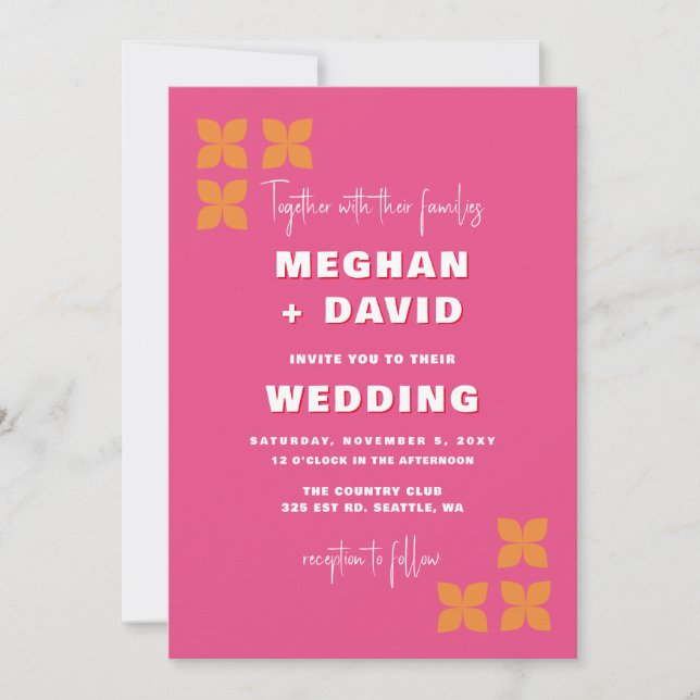 Invitation Motif Super rétro rose orange Mariage (Devant)