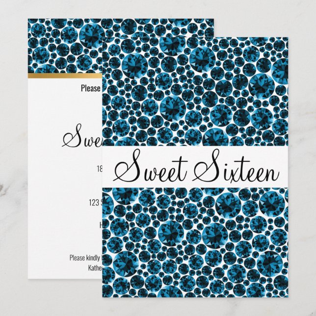 INVITATION MOTIF SWEET SIXTEEN BLANC BLEU DIAMONT (Devant / Derrière)