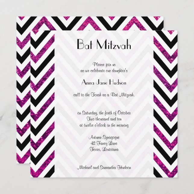 Invitation Motif Zigzag, Chevron, Parties scintillant rose, B (Devant / Derrière)