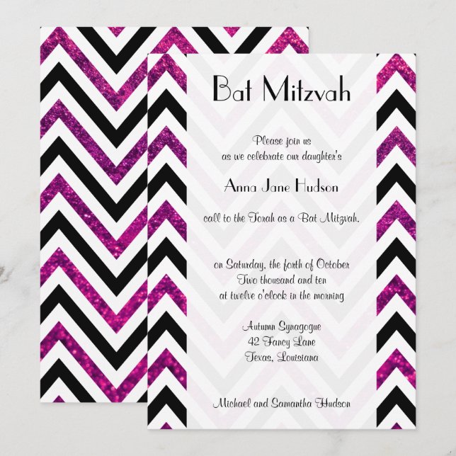 Invitation Motif Zigzag, Chevron, Parties scintillant rose, B (Devant / Derrière)