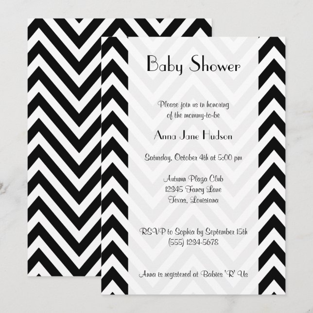 Invitation Motif Zigzag noir et blanc, Baby shower (Devant / Derrière)