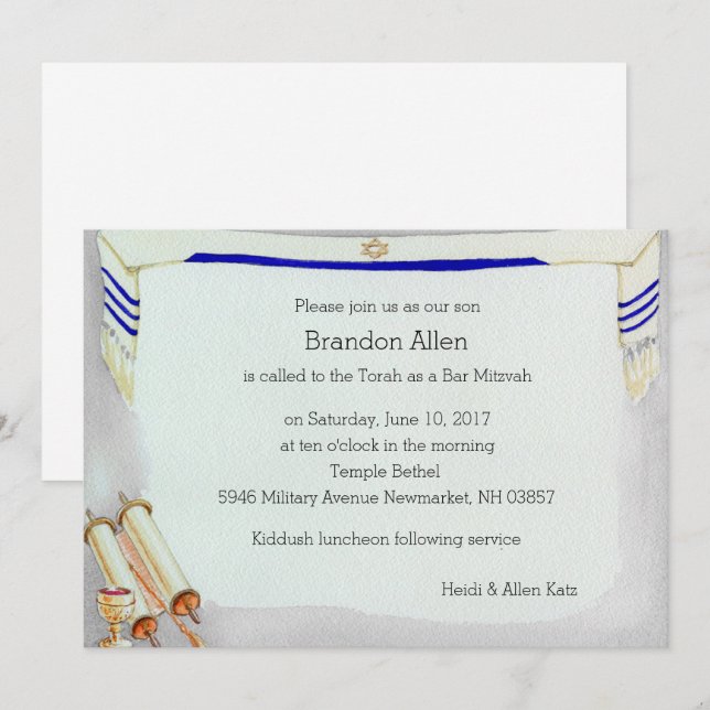 Invitation Motifs Bar Mitzvah en aquarelle (Devant / Derrière)