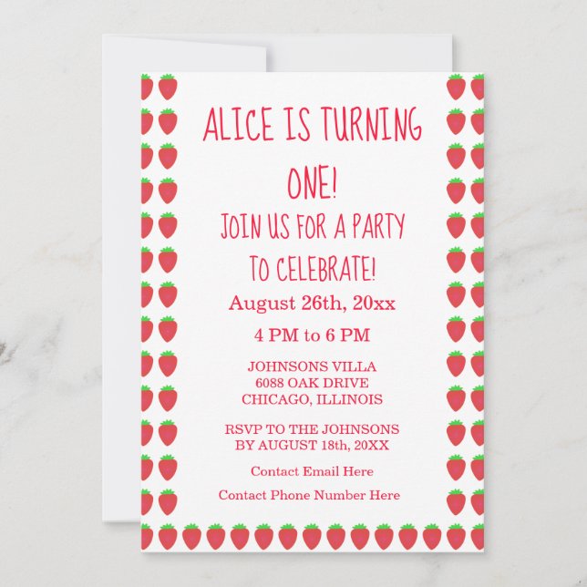 Invitation Motifs fraises 1er anniversaire fête 1 âge personn (Devant)