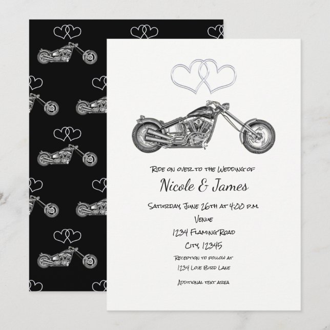 Invitation Moto Black & Silver Hearts Mariage de moto (Devant / Derrière)