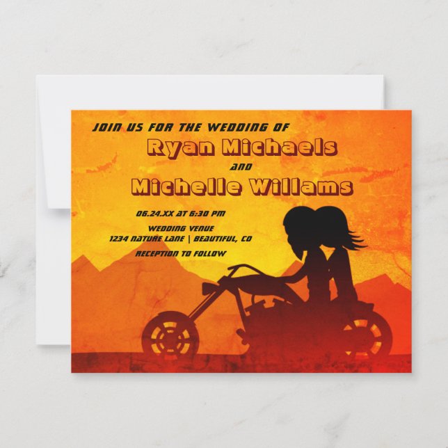Invitation Moto Couple Mountain Sunset Mariage (Devant)