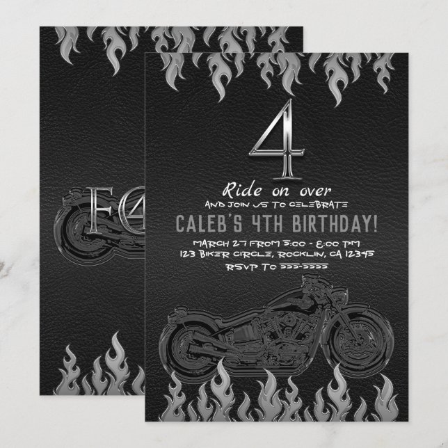 Invitation Moto en cuir noir argent 4 4ème anniversaire (Devant / Derrière)