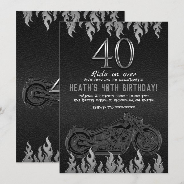Invitation Moto en cuir noir en argent 40E 40 Anniversaire (Devant / Derrière)