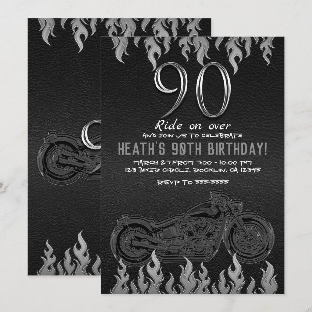 Invitation Moto en cuir noir en argent 90ÈME 90 Anniversaire (Devant / Derrière)