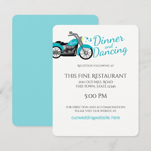Invitation Moto et Coeurs Aqua Mariage Réception (Devant / Derrière)