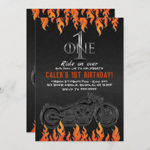Invitation Moto Flames en cuir et orange 1 1er anniversaire