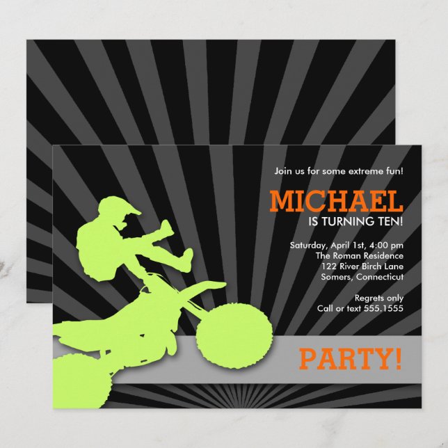 Invitation Motocross Dirtbike Invitation, Vert et Orange (Devant / Derrière)