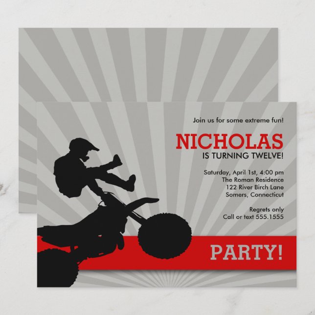Invitation Motocross Dirtbike, Rouge et Noir (Devant / Derrière)
