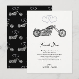 Invitation Motocyclette Cœurs noirs et argentés Merci Biker