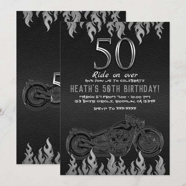 Invitation Motocyclette en cuir noir 50E 50 Anniversaire (Devant / Derrière)