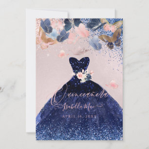 Invitation Mouches à papillons Quinceanera Blush Marine Parti