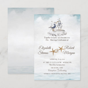 Invitation Mouettes à l'aquarelle en amour Mariage sur la pla