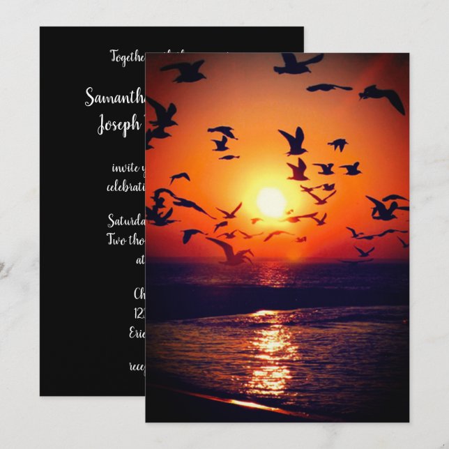 Invitation Mouettes au coucher du soleil Photo orange et Mari (Devant / Derrière)