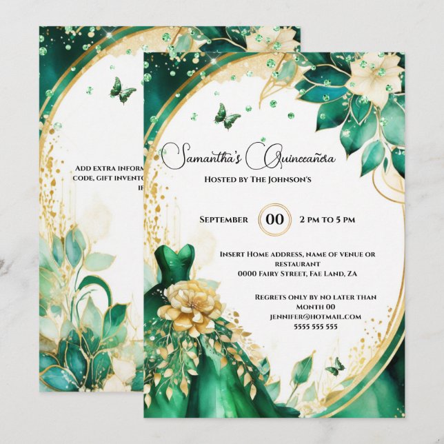 Invitation Moulin vert Quinceañera fleurs papillon florales (Devant / Derrière)
