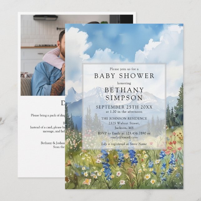 Invitation Mountain Floral Meadow Photo QR Code Baby Shower (Devant / Derrière)