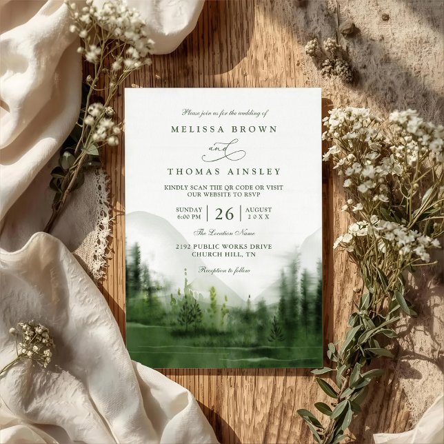 Invitation Mountain Forest Trees Rustic QR Code Wedding (Créateur téléchargé)