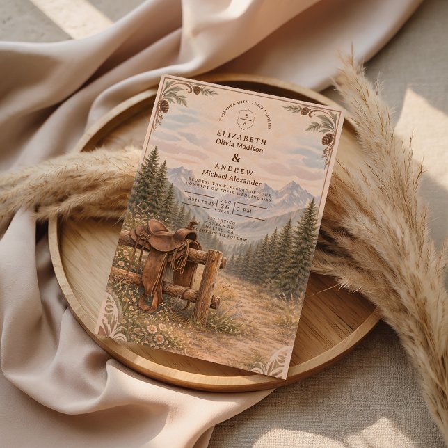 Invitation Mountain Forest Western Saddle Wedding (Créateur téléchargé)
