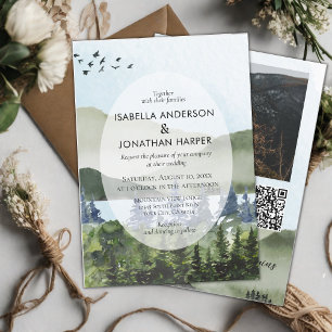 Invitation Mountain Lake Forest Photo QR Code Mariage extérie