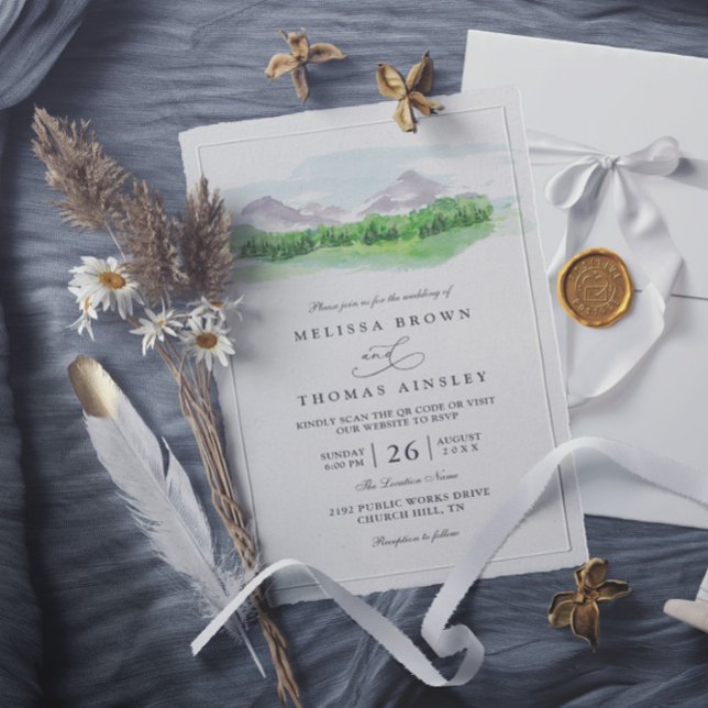 Invitation Mountain Trees Pine Forest Rustic QR Code Wedding (Créateur téléchargé)