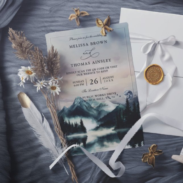 Invitation Mountain Trees Pine Rustic Budget QR Code Wedding (Créateur téléchargé)