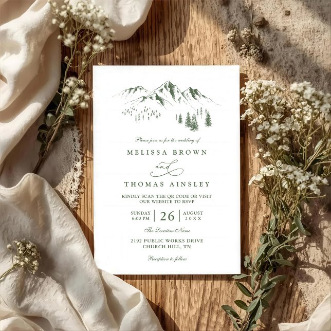 Invitation Mountains Forest Trees Pine Rustic QR Code Wedding (Créateur téléchargé)