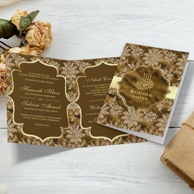 Invitation Mousse d'or Brown musulman musulman Mariage (Créateur téléchargé)