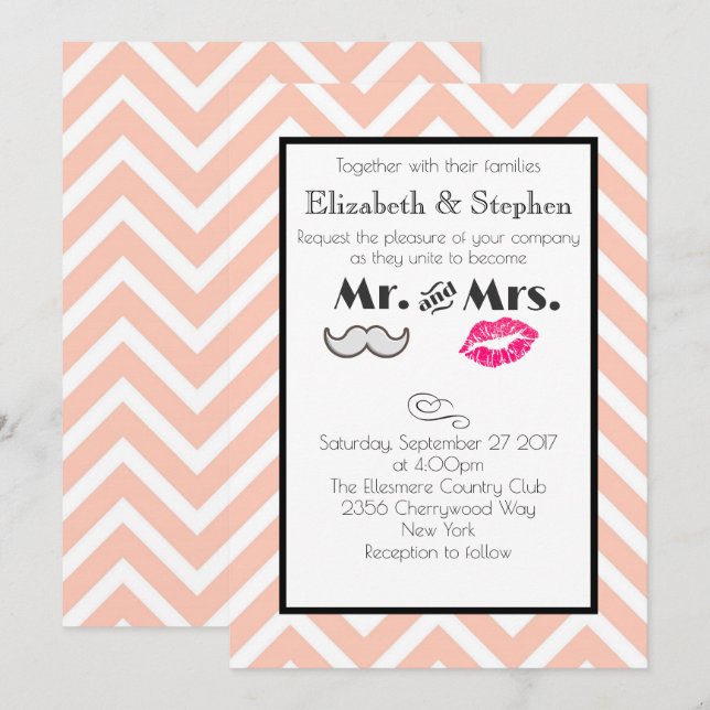 Invitation Moustache et lèvres M. et Mme Peach Mariage (Devant / Derrière)