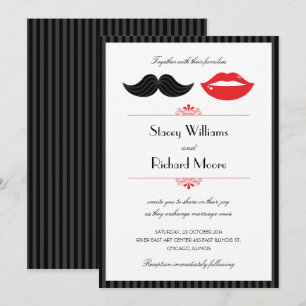 Invitation Moustache rouge, noir et blanc et Mariage des lèvr