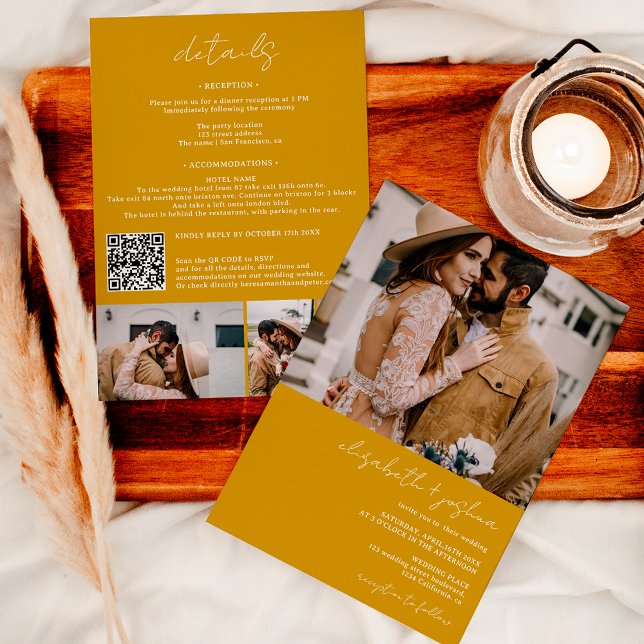 Invitation moutarde moderne 4 photo Qr tout en un mariage (Modern black white 4 photo Qr all in one wedding Invitation on mustard yellow)