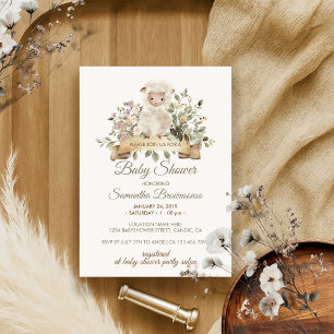 Invitation Mouton agneau mignon ruban botanique Baby Shower