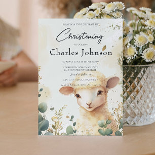 Invitation Moutons et fleurs vertes Fils Christening