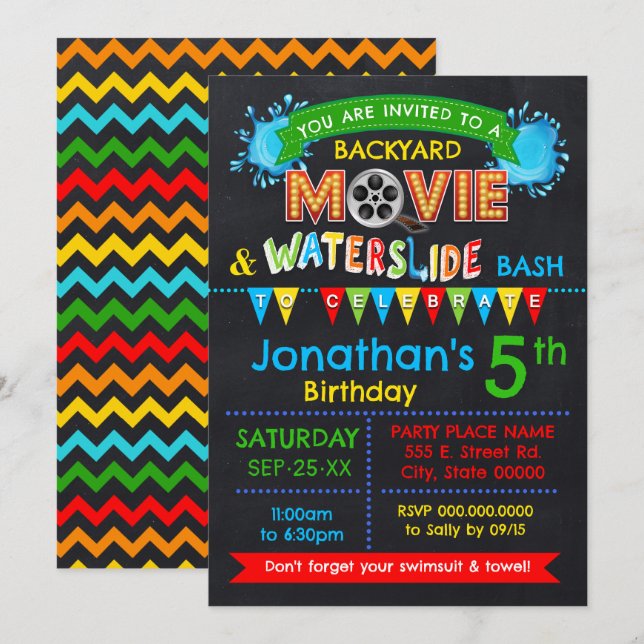 Invitation Movie Waterslide Anniversaire fête Bash Couleur pr (Devant / Derrière)