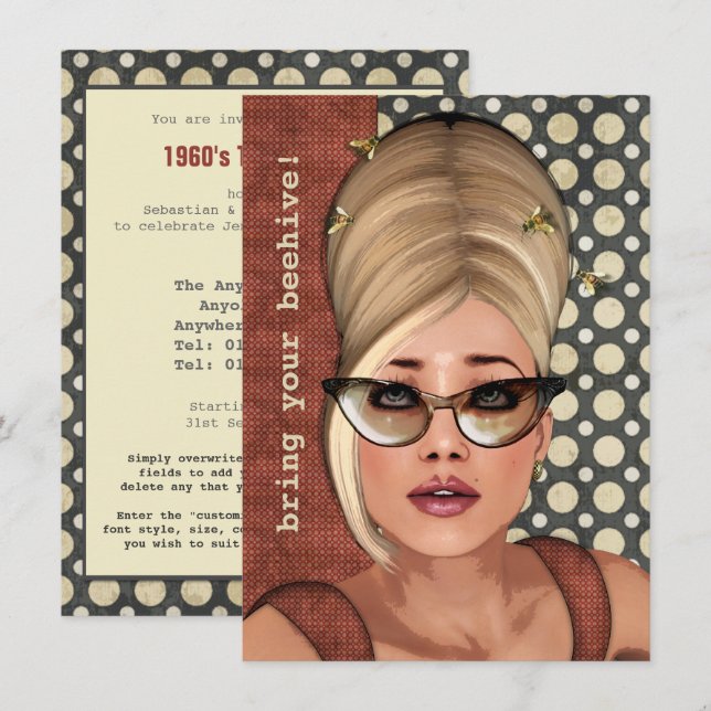 Invitation moyenne de Belinda Beehive Retro Chic (Devant / Derrière)